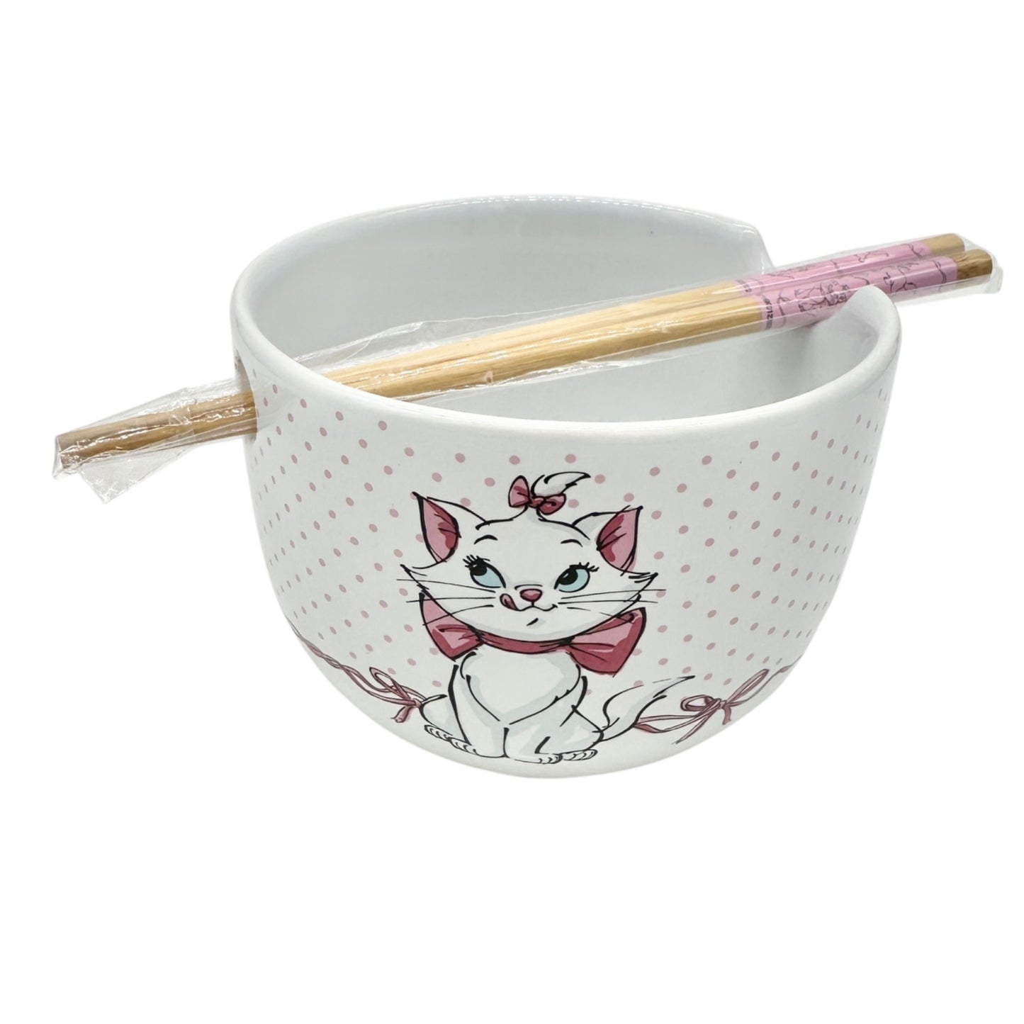Disney Marie Aristocats Ceramic Ramen Bowl and Chopsticks Set White Pink Dots