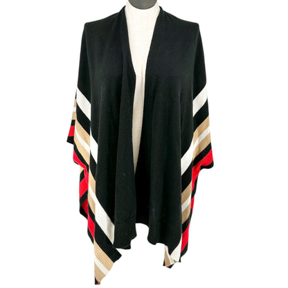 The Limited Open Front Poncho 2X/3X Black Red Tan White Striped Acrylic Knit