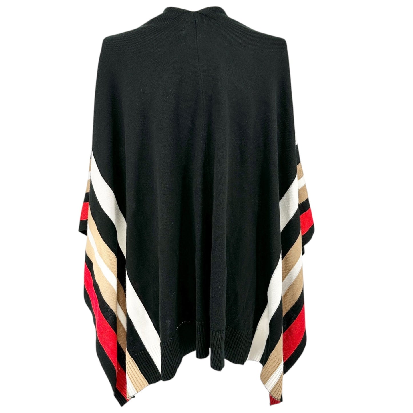 The Limited Open Front Poncho 2X/3X Black Red Tan White Striped Acrylic Knit