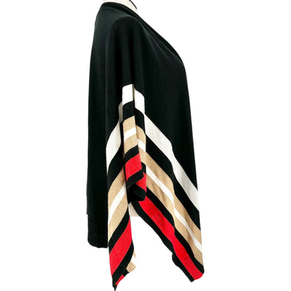 The Limited Open Front Poncho 2X/3X Black Red Tan White Striped Acrylic Knit