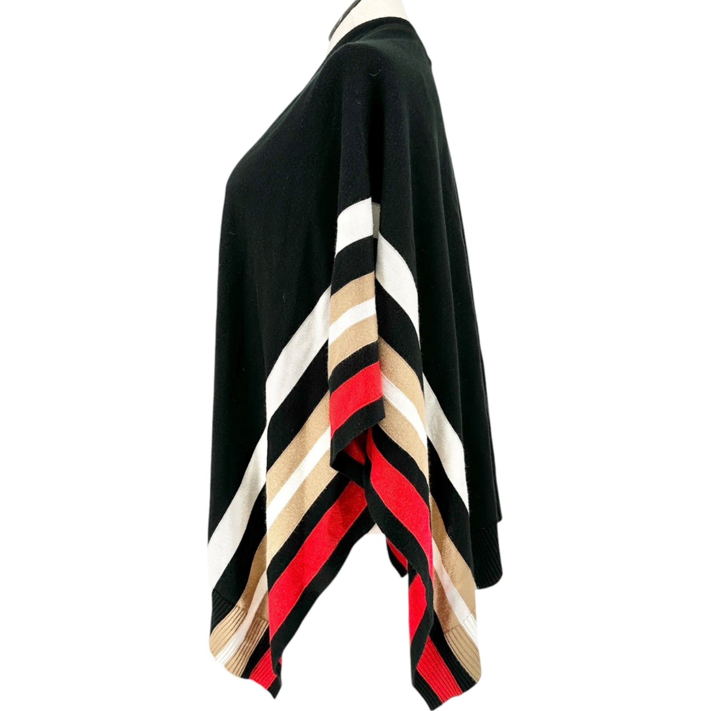 The Limited Open Front Poncho 2X/3X Black Red Tan White Striped Acrylic Knit
