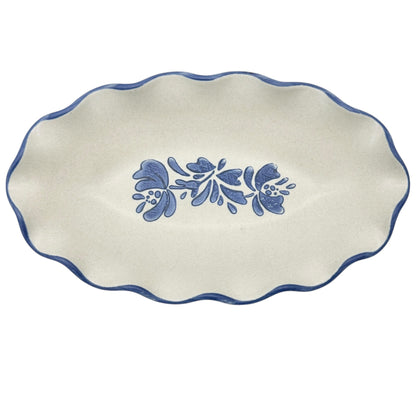 Pfaltzgraff Oval Scalloped Ceramic Bowls Set Of 4 Stone Blue Floral and Trim 9x5