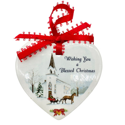 Wishing You a Blessed Christmas Ceramic Heart Shaped Ornament 3"