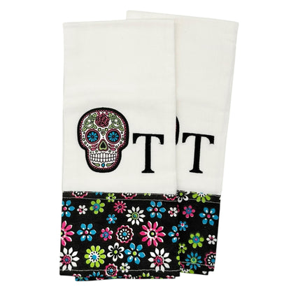 Day Of The Dead Embroidered Kitchen Towels Floral Trim Set Of 2 Sugar Skulls