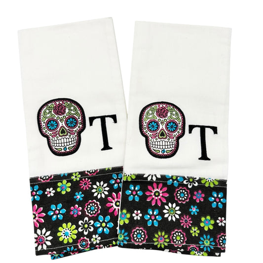 Day Of The Dead Embroidered Kitchen Towels Floral Trim Set Of 2 Sugar Skulls