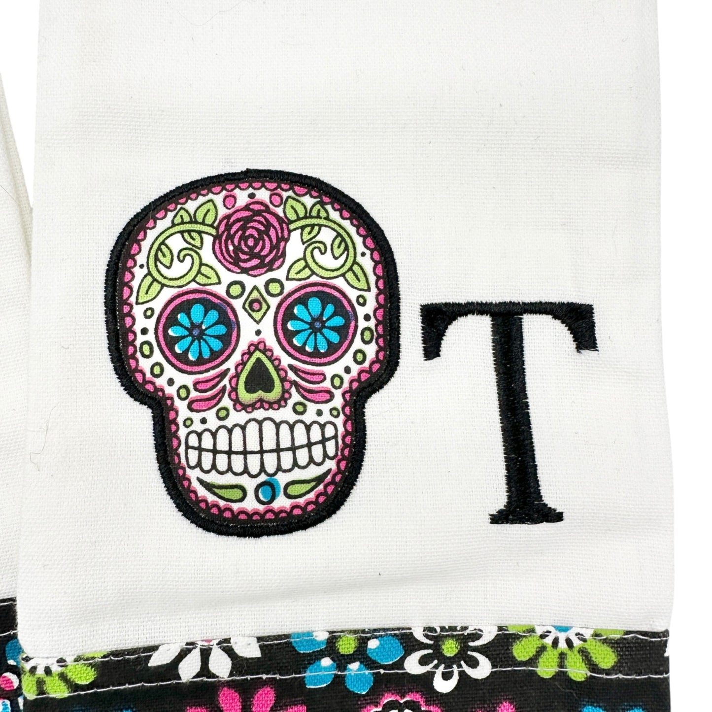 Day Of The Dead Embroidered Kitchen Towels Floral Trim Set Of 2 Sugar Skulls