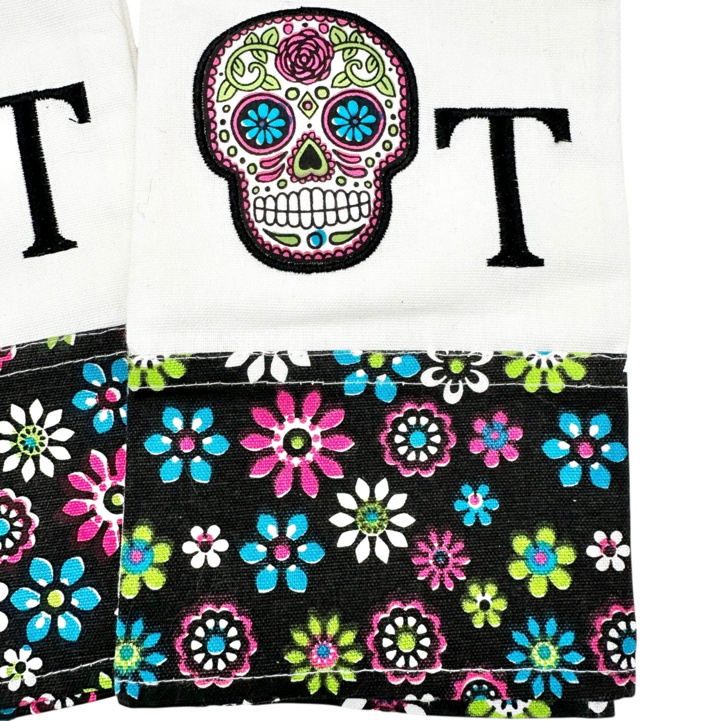 Day Of The Dead Embroidered Kitchen Towels Floral Trim Set Of 2 Sugar Skulls
