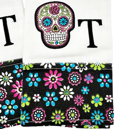 Day Of The Dead Embroidered Kitchen Towels Floral Trim Set Of 2 Sugar Skulls