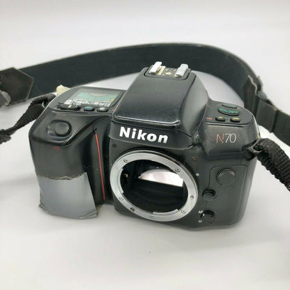 Nikon N70 35mm Film Camera Without Lens Works Duct Tape Holding Film Cover Close