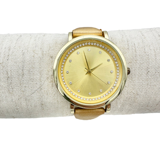 Goldtone Watch with Crystal Accent Faux Leather Gold Buckle Strap