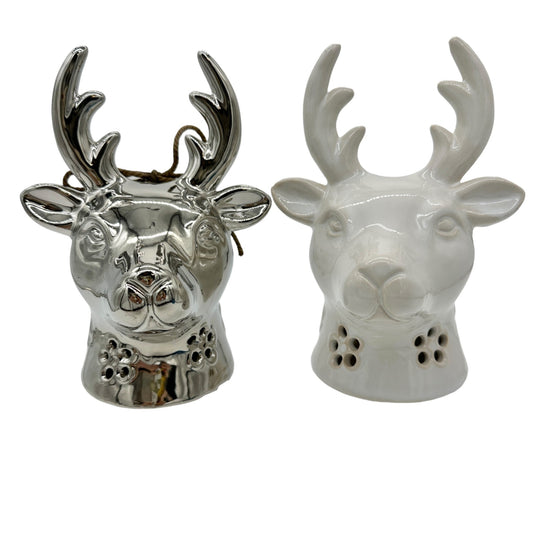 Set of 2 Reindeer Heads 1 Silver 1 White Ceramic 6in Tall x 3in Wide