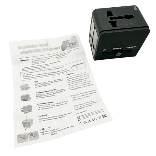 Multi-Nation Travel Adapter with USB Charger Black NEW UK Europe USA Australia