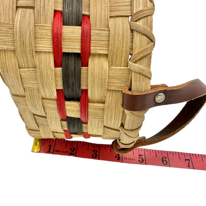 Handmade Basket Bread Basket Red and Green Accent Leather Handles Wood Base