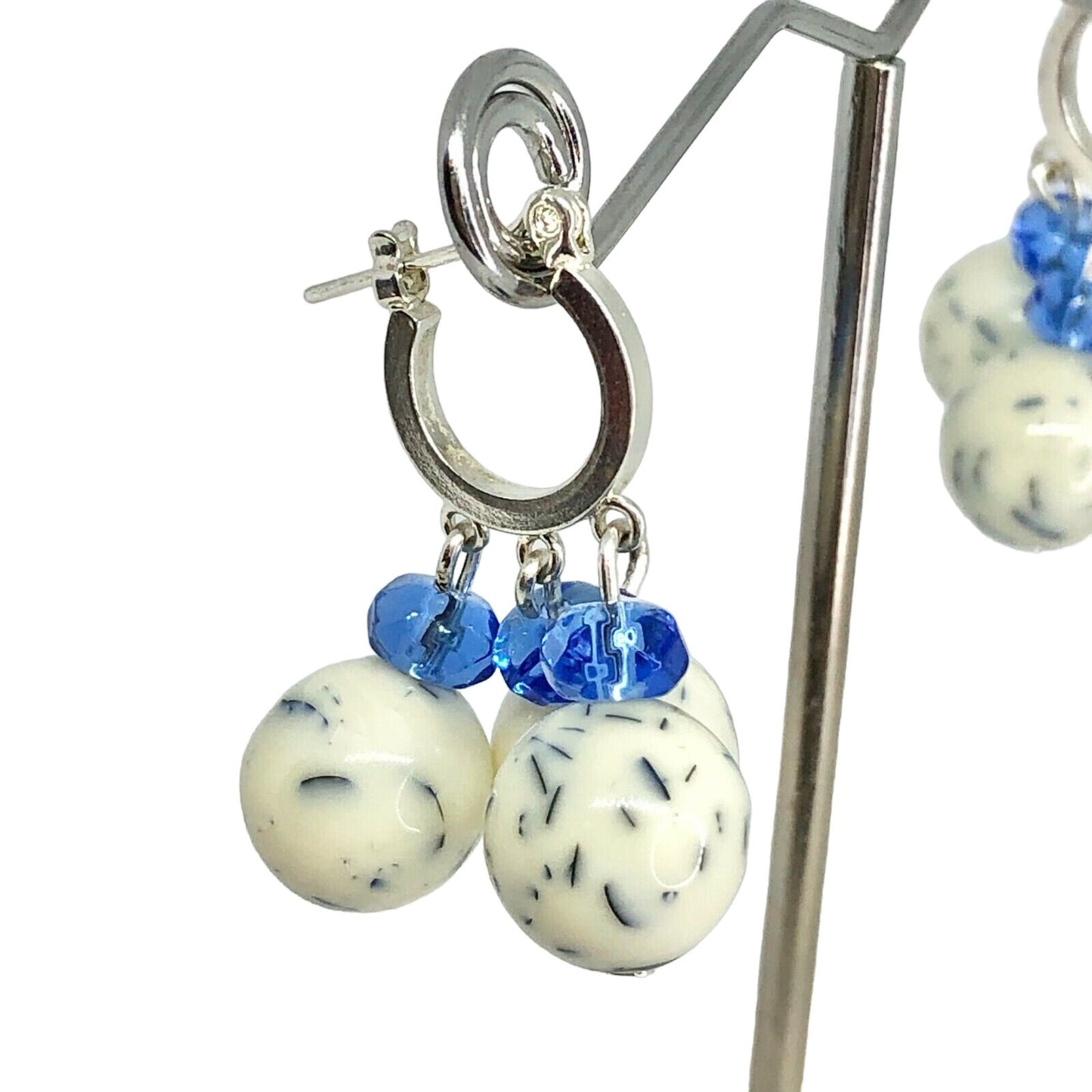 Handcrafted Beaded Earrings White & Blue Glass Beads Silver Hoop Jewelry NEW