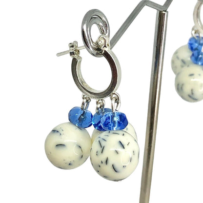 Handcrafted Beaded Earrings White & Blue Glass Beads Silver Hoop Jewelry NEW
