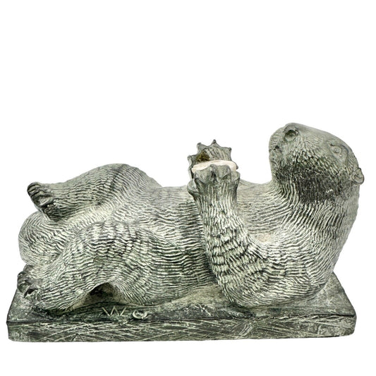 The Wolf Sculptures Soapstone Sea Otter with Shell Gray 4.5 x 2.5 x 2.5