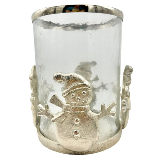 Large Snowman Pillar Candle Holder Pewter and Glass 8 x 6 in Holds 3x3 Candle