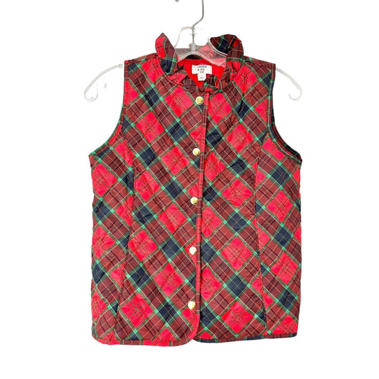 Crown & Ivy Puffer Vest Kids Large Red Green Plaid Snap Closure Ruffle Collar EU