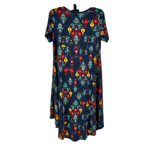 LuLaRoe Retired Carly Dress S Navy Blue Multicolor Graphic SS Hi-Low Hem NWT