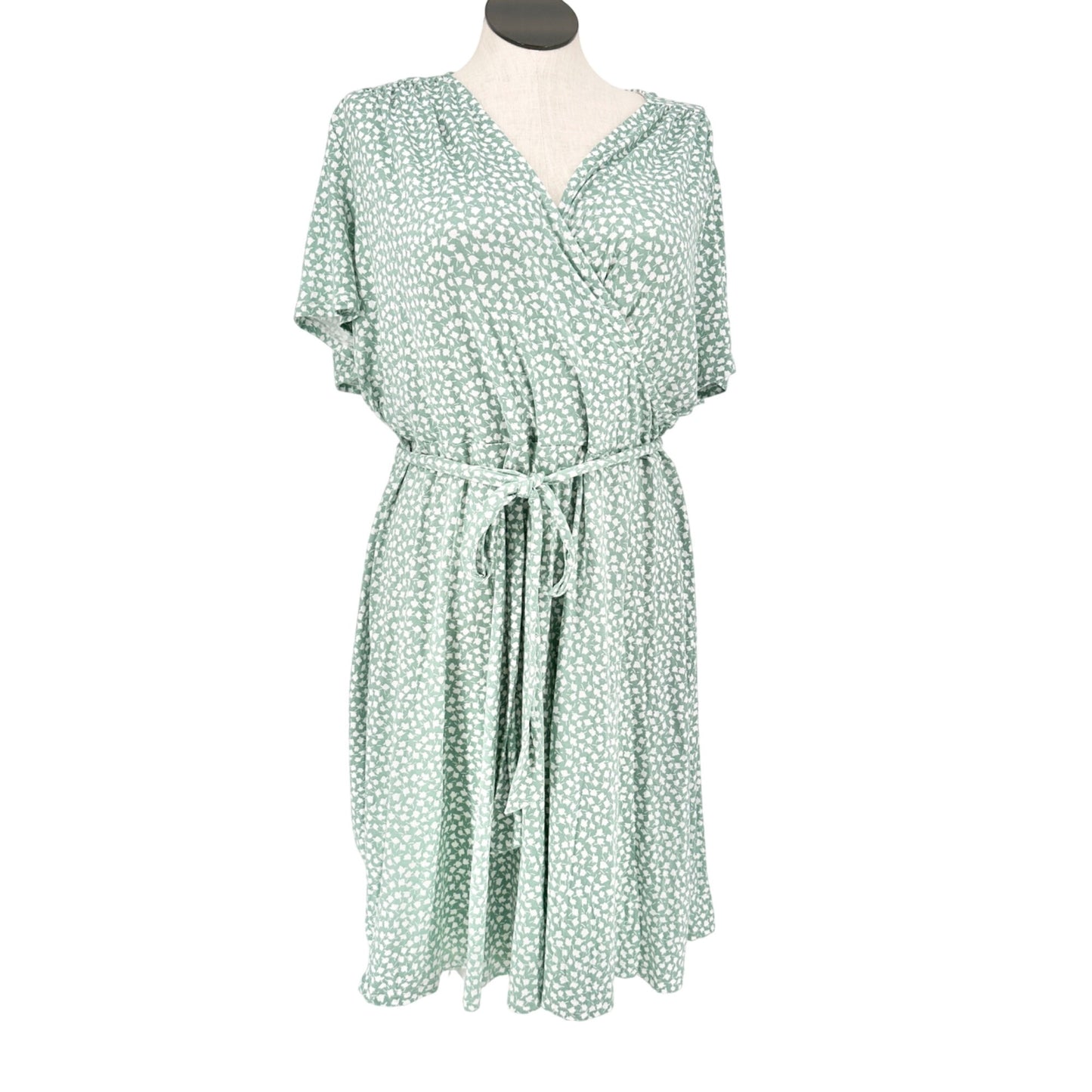 Mikarose Janae Dress 3X Sage Floral Print Waist Tie Short Sleeves Poly Blend NWT