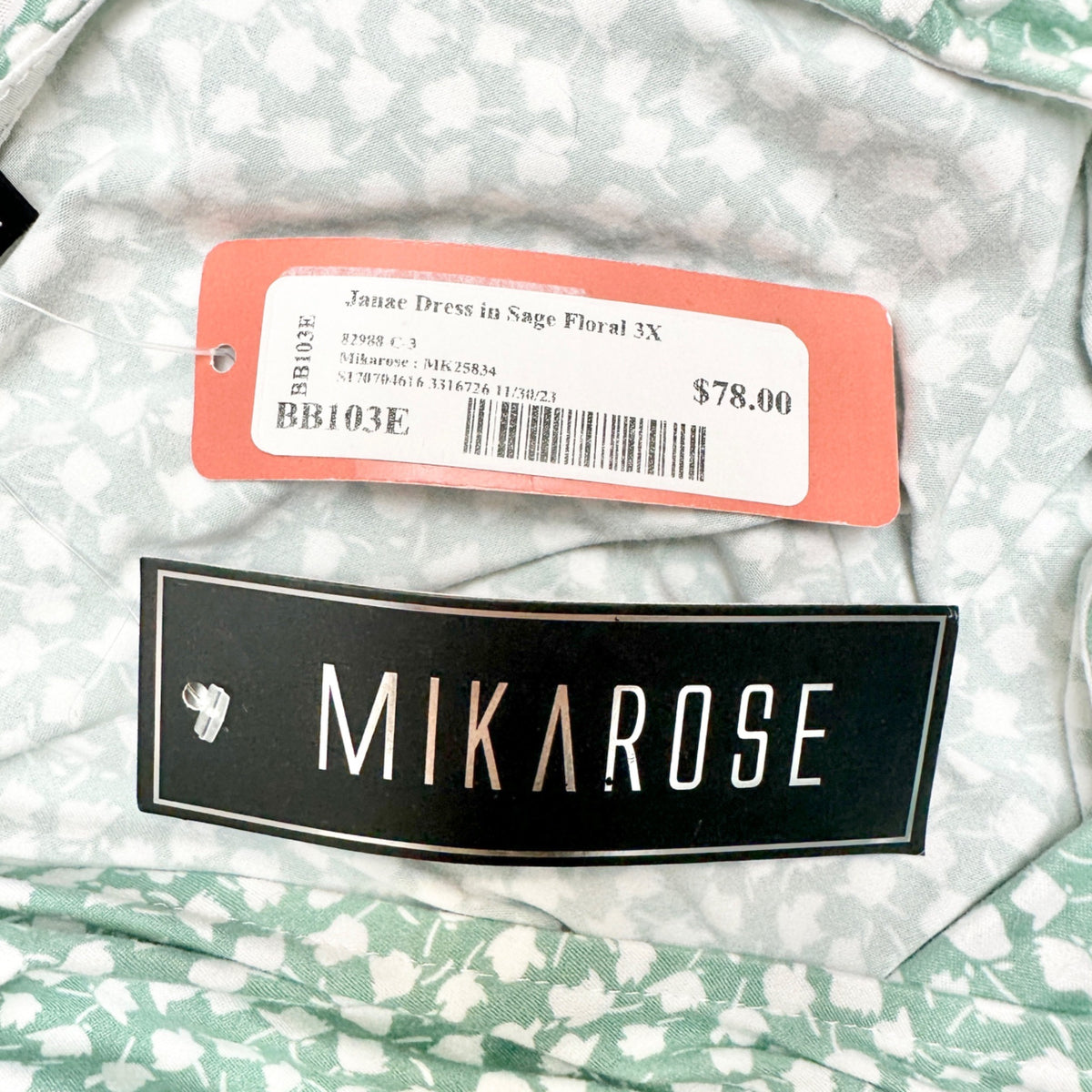 Mikarose Janae Dress 3X Sage Floral Print Waist Tie Short Sleeves Poly Blend NWT