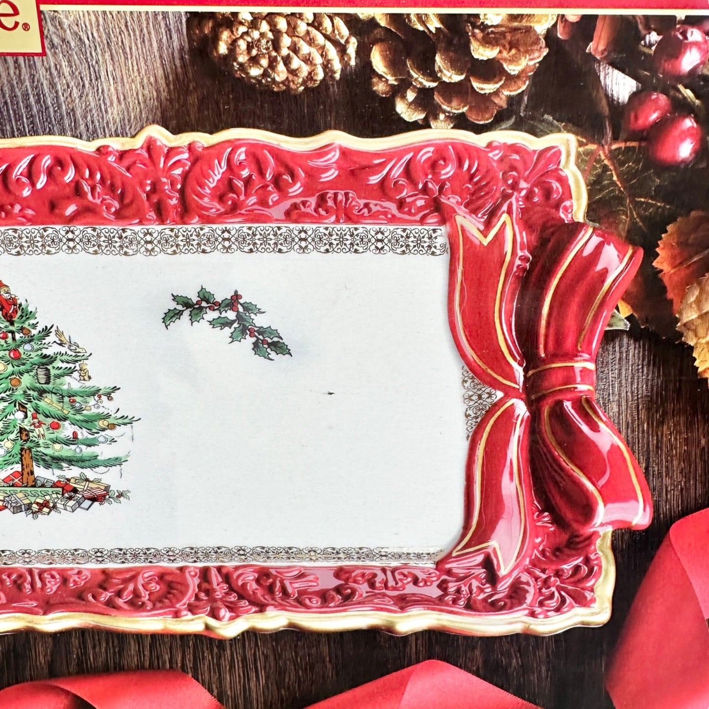 Spode Christmas Tree Sandwich Tray with Red Ribbons NIB MSRP $100