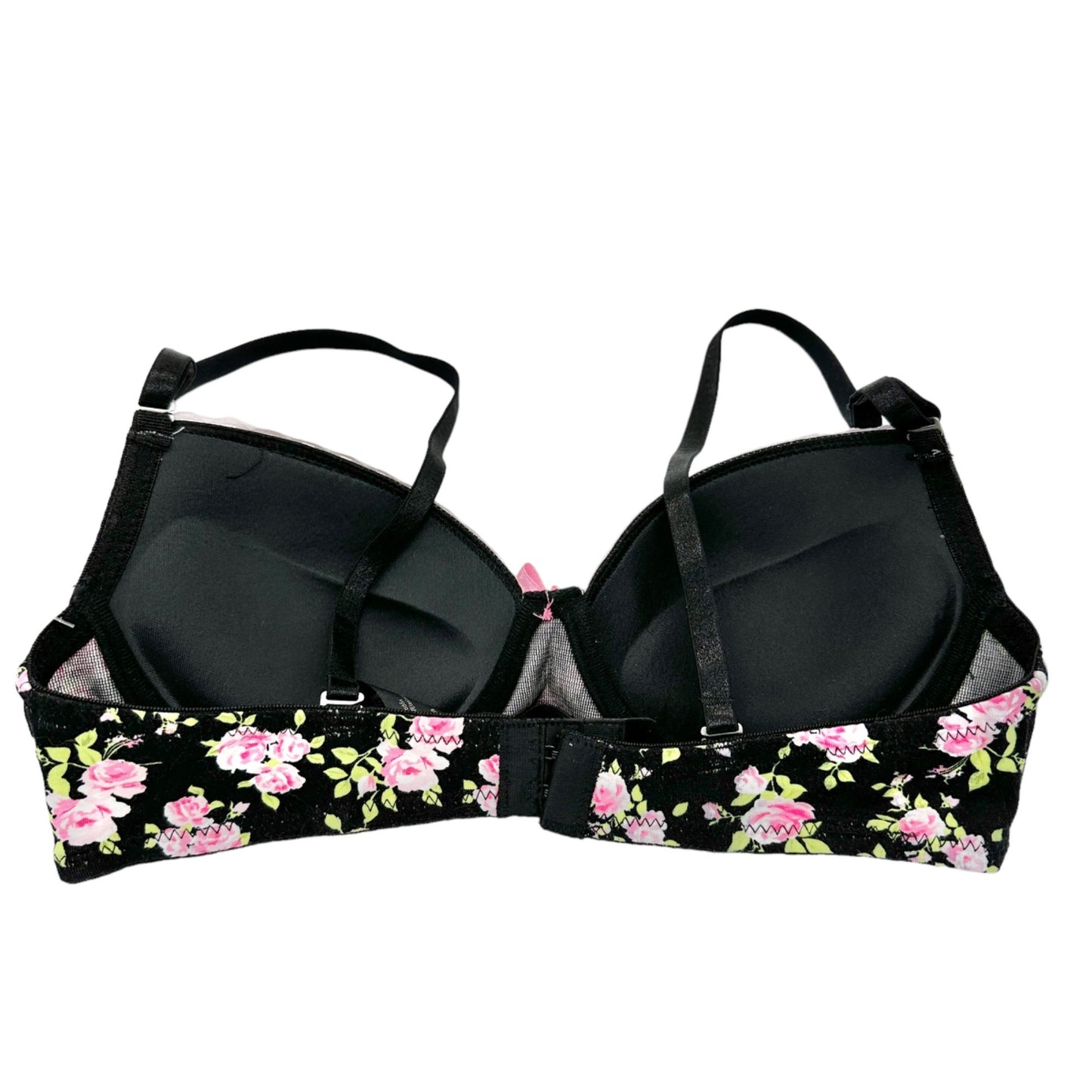 Rene Rofe Lingerie Bra 34B Push-Up Padded Black Pink Roses Adj Removable Straps