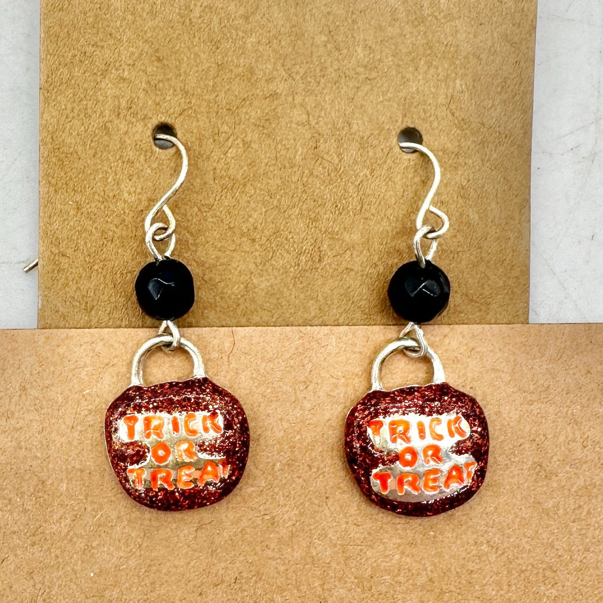 Halloween Dangle Earrings Trick or Treat Pumpkins Metal Black Orange Silvertone