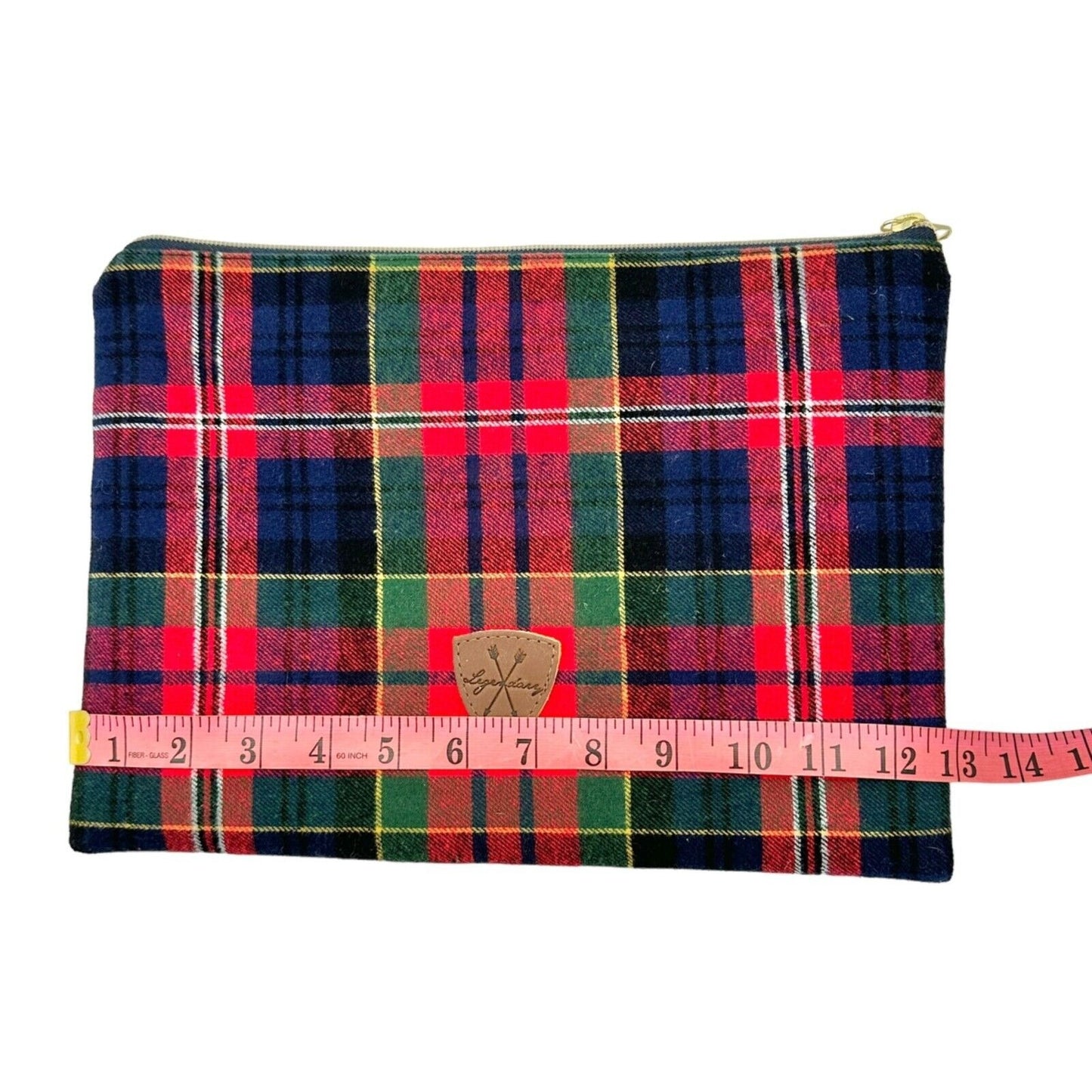 Legendary Pouch 13 x 9 Red Blue Green Plaid Black Interior Gold Hardware Zip