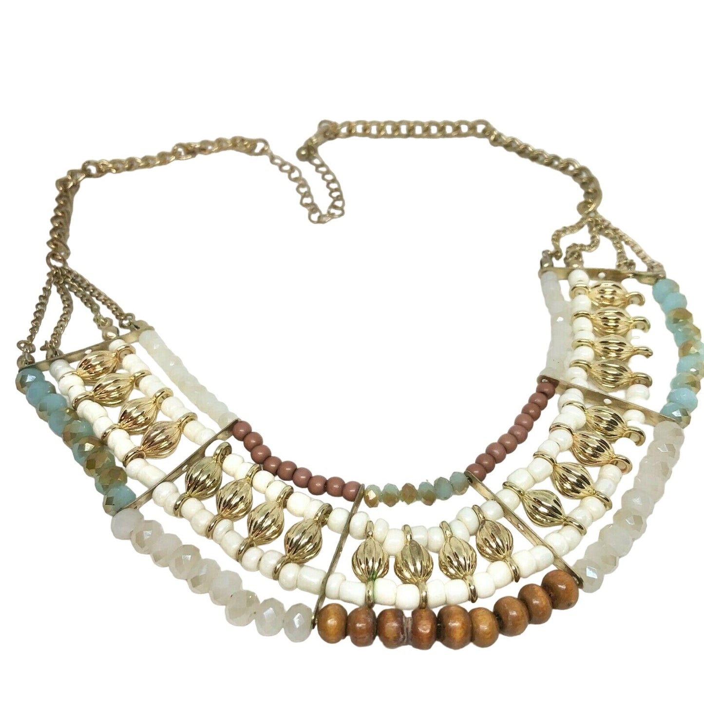 Multi-strand Goldtone Cream Brown Blue Bead Collar Necklace