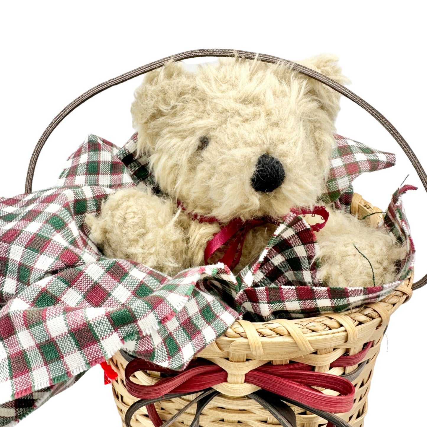 Handmade Basket Bear in Goody Bag Medium Teddy Bear Burgundy Green Fabric & Bows