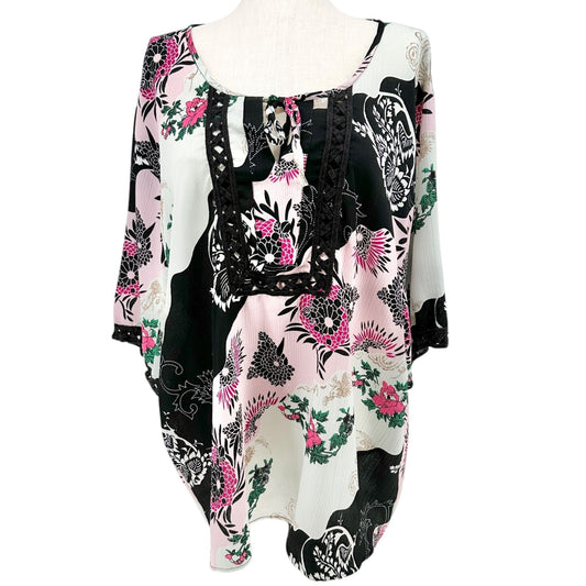 Denim 24/7 Tunic Top Womens 26W Floral Print 3/4 Sleeves Black White Pink Light