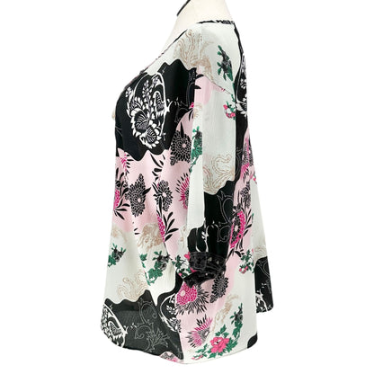 Denim 24/7 Tunic Top Womens 26W Floral Print 3/4 Sleeves Black White Pink Light