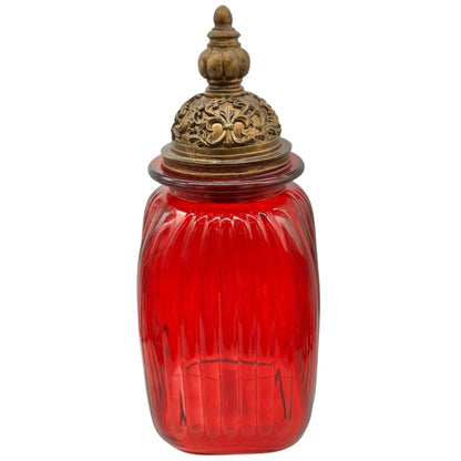 Ornate Red Glass Jar With Gold Tone Filigree Lid Decorative Accent Storage 15"H
