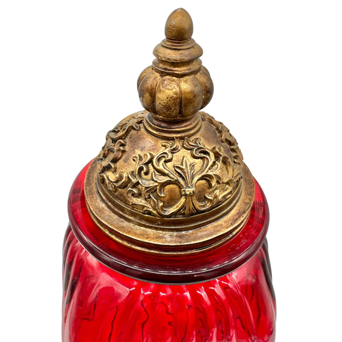 Ornate Red Glass Jar With Gold Tone Filigree Lid Decorative Accent Storage 15"H
