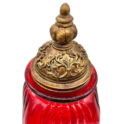 Ornate Red Glass Jar With Gold Tone Filigree Lid Decorative Accent Storage 15"H