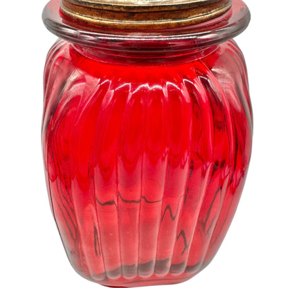 Ornate Red Glass Jar With Gold Tone Filigree Lid Decorative Accent Storage 15"H