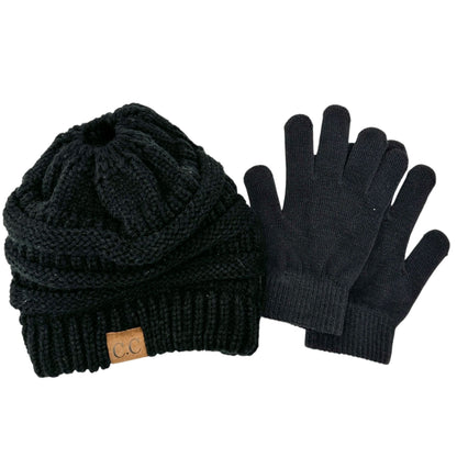 CC Knitted Beanie Hat Plus Stretch Gloves Black Unisex Warm Winter Accessories