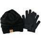 CC Knitted Beanie Hat Plus Stretch Gloves Black Unisex Warm Winter Accessories