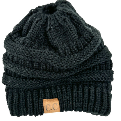 CC Knitted Beanie Hat Plus Stretch Gloves Black Unisex Warm Winter Accessories