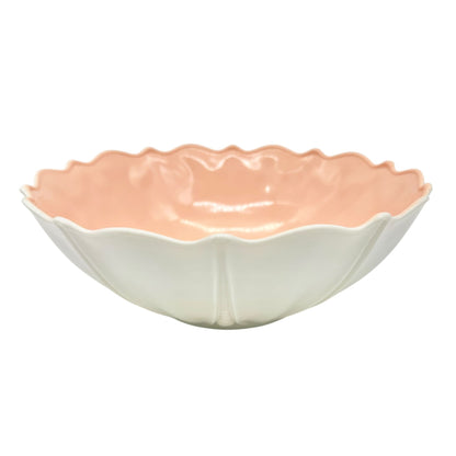 Ceramic Scalloped Edge Serving Bowl  10 Inch Dia  Dual Tone Peach & White Finish