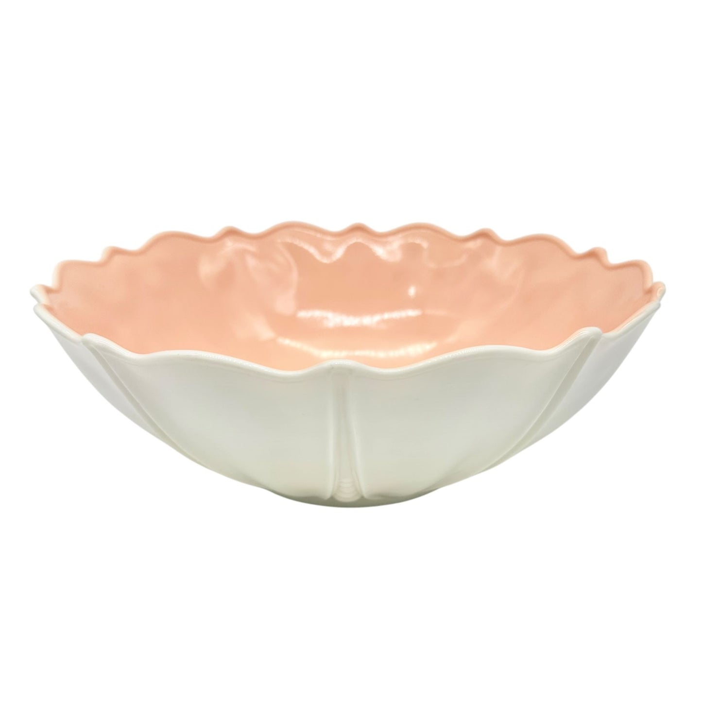 Ceramic Scalloped Edge Serving Bowl  10 Inch Dia  Dual Tone Peach & White Finish