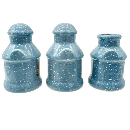 Vtg Illinois Blue Speckled Milk Can 3pc Set Salt Pepper Shakers Toothpick Holder
