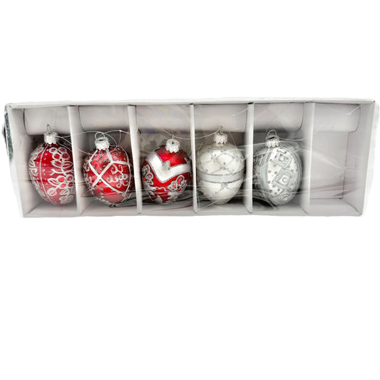 Elegant Red and Silver Glitter Glass Egg-Shaped Christmas Ornaments Set Of 5