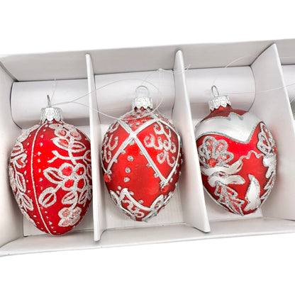 Elegant Red and Silver Glitter Glass Egg-Shaped Christmas Ornaments Set Of 5