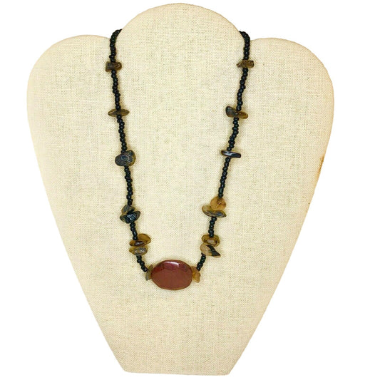Handcrafted Beaded Necklace Brick Red & Gray Glass Stones Black Beads NEW
