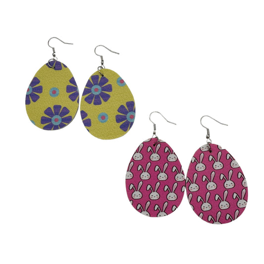 Two Pairs Easter Egg Earrings White Bunnies on Pink Purple Flowers on Yellow