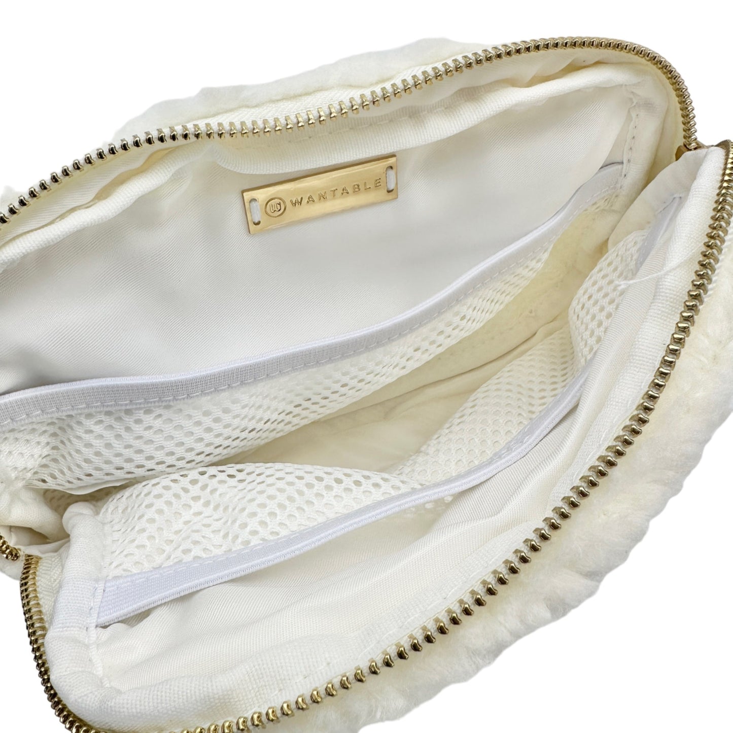 Wantable Belt Bag 9x6x2 Winter White Fleece Gold Colored Adjustable Strap NEW