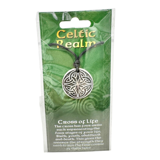 Celtic Realm Cross Of Life Necklace Silvertone Pendant Black Rope Cord NIP