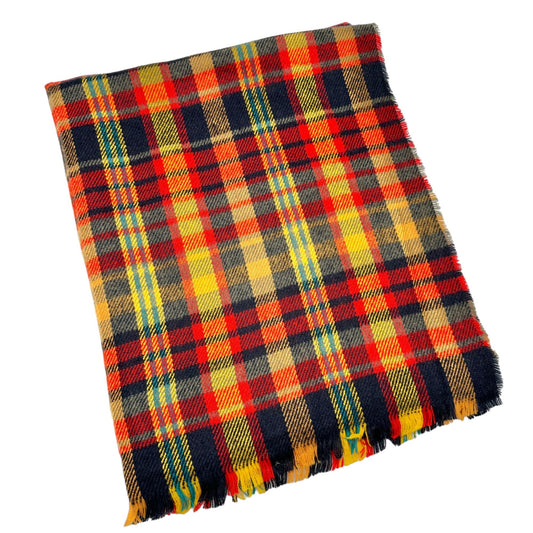 Ruggine Scarf Wrap 77x33 Acrylic Plaid Blue Yellow Red Frayed Fringe Edges